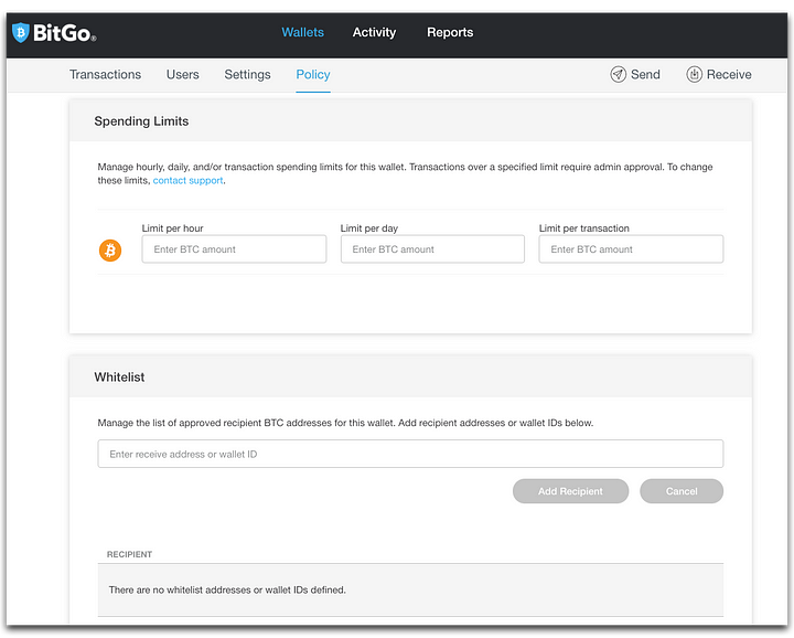 Specify time-boxed spending limits and manage a list of approved recipients with a whitelist of addresses